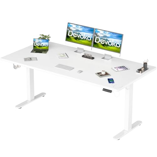 Devoko Elektrisch Höhenverstellbarer Schreibtisch 160 x 80 cm mit USB-Ladegerät, Ganze Tischplatte, Ohne Nähte, Steh-Sitz-Schreibtisch mit 4 Speicherhöhen, Höhenverstellbar von 73 bis 119 cm von Devoko