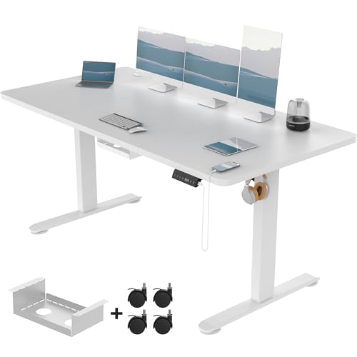 Devoko Elektrisch Höhenverstellbarer Schreibtisch 160x80 cm, 3 Memory-Handsteuerung mit USB A&C, Schreibtisch Höhenverstellbar mit Anti-Kollision-System，Sitz-Stehpult für Büro mit Rollen，Weiß von Devoko