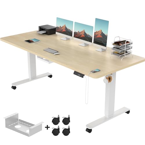 Devoko Elektrisch Höhenverstellbarer Schreibtisch 200x100 cm, 3 Memory-Handsteuerung mit USB Steckdose, Computertisch mit Anti-Kollision-System，Sitz-Stehpult für Büro mit 360°Rollen，Beige von Devoko