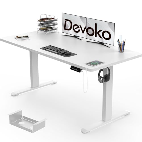 Devoko Elektrischer Stehtisch 140 x 70 cm mit USB-Ladefunktion, höhenverstellbar, mit Tischplatte, Sitz-Steh-Funktion, strapazierfähigem Stahlgestell, 3 Speicherplätzen, Smart Panel (weiß) von Devoko