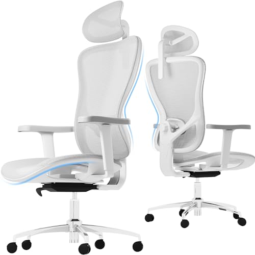 Devoko Ergonomischer Bürostuhle mit ultraweichen 3D-Armlehnen, Verstellbarer Lendenwirbelstütze, Schreibtischstühle, PC Stuhl, Computerstuhl mit atmungsaktivem Mesh-Kissen, Belastung bis 150KG Weiß von Devoko