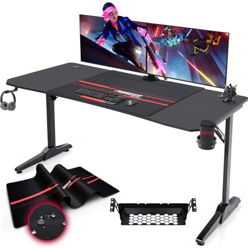 Devoko Gaiming Tisch 140cm Gaming Schreibtisch Gamer Computertisch Ergonomischer PC Schreibtisch mit Kabelaufbewahrungsbox, Getränkehalter und Kopfhörerhalter T-förmiger, Schwarz, 140 x 75 x 60 cm von Devoko