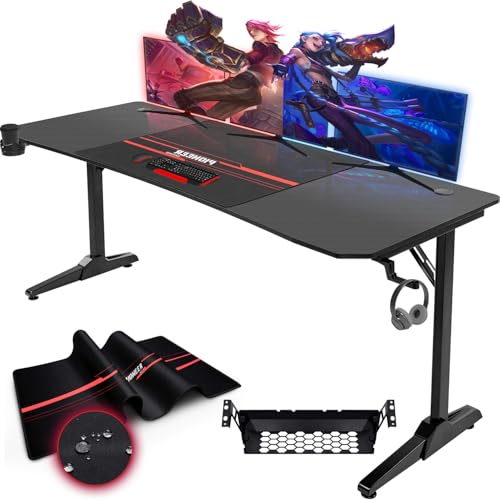 Devoko Gaiming Tisch 180cm Gaming Schreibtisch Gamer Computertisch Ergonomischer PC Tisch mit Kabelaufbewahrungsbox, Getränkehalter und Kopfhörerhalter T-förmiger (Schwarz, 180 x 70 x 75 cm) von Devoko