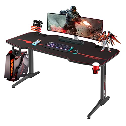 Devoko Gaming Computer Schreibtisch T-Förmig Gamer Tisch for PC Computertisch mit Getränkehalter und Kopfhörerhalter und Mauspad, Schwarz, 140cm von Devoko