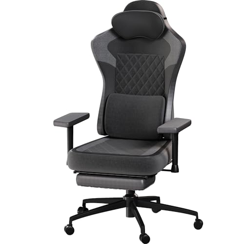 Devoko Gaming Stuhl Stoff Memory Schaum mit Fußstütze,Ergonomischer Gaming Stuhl mit Verstellbare Armlehnen und Lendenwirbelstütze und Kopfstütze,Luxuriöser Bürostuhl Tragfähigkeit 150kg,Dunkelgrau von Devoko