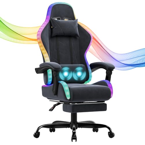 Devoko Gaming Stuhl mit Stoff, mit LED, Ergonomischer Bürostuhl mit Massage und Teleskop Fußstütze, Gamingstuhl mit Verstellbarer Rückenlehne 90-135°, Gaming-Stuhl 150 kg belastbarkeit, Grau von Devoko