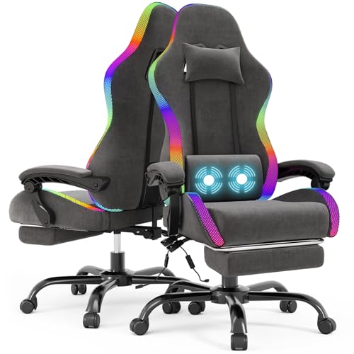 Devoko Gaming Stuhl mit Stoff, mit LED, Ergonomischer Bürostuhl mit Massage und Teleskop Fußstütze, Gamingstuhl mit Verstellbarer Rückenlehne 90-135°, Gaming-Stuhl 150 kg belastbarkeit, Schwarz von Devoko