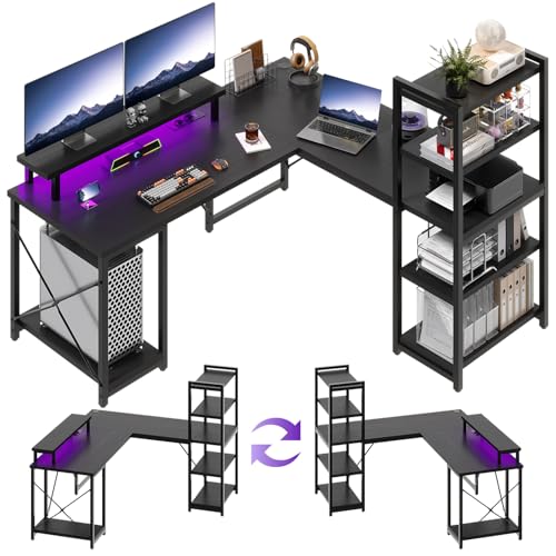 Devoko Gaming Tisch 140×140cm, Schreibtisch l Form mit LED, Schreibtisch mit Regal, Bürotisch mit USB-Ladeanschluss & Steckdose, Eckschreibtisch mit Monitorständer, Schwarz von Devoko