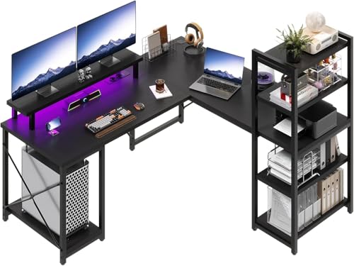 Devoko Gaming Tisch 140×140cm, Schreibtisch l Form mit LED, Schreibtisch mit Regal, Bürotisch mit USB-Ladeanschluss & Steckdose, Eckschreibtisch mit Monitorständer, Schwarz von Devoko