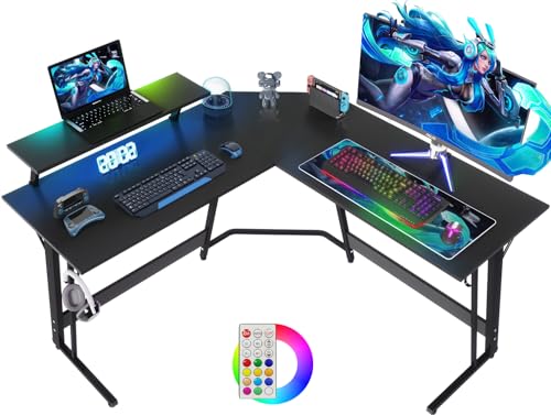 Devoko Eckschreibtisch Gaming Tisch 130cm mit LED, Gaming Schreibtisch L Form mit Monitorständer, Gaming Desk mit Headset Haken, Gaming Tisch L-förmiger,Groß Pc Ecktisch,Schwarz von Devoko