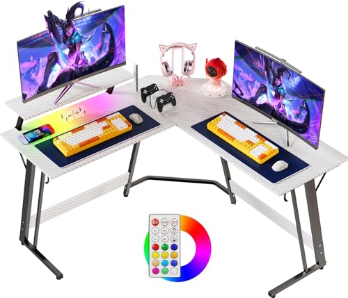 Devoko Eckschreibtisch Gaming Tisch 130cm mit LED, Gaming Schreibtisch L Form mit Monitorständer, Gaming Desk mit Headset Haken, Gaming Tisch L-förmiger,Groß Pc Ecktisch,Weiß von Devoko