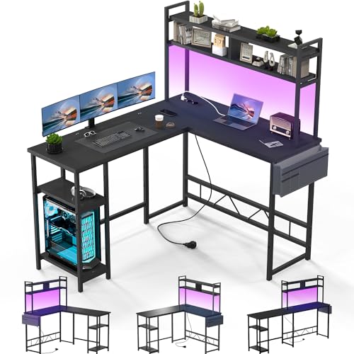 Devoko Gaming Tisch mit LED, Eckschreibtisch Gaming Schreibtisch mit 2 Steckdosen und 2 USB-Anschlüssen, Computertisch mit Aufbewahrung, Rahmen aus Stahl, 140 x 120 cm,Schwarz von Devoko