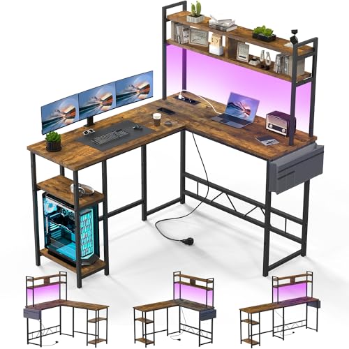 Devoko Gaming Tisch mit LED, Eckschreibtisch Gaming Schreibtisch mit 2 Steckdosen und 2 USB-Anschlüssen, Computertisch mit Aufbewahrung, Rahmen aus Stahl, 140 x 120 cm,Vintage-Braun von Devoko