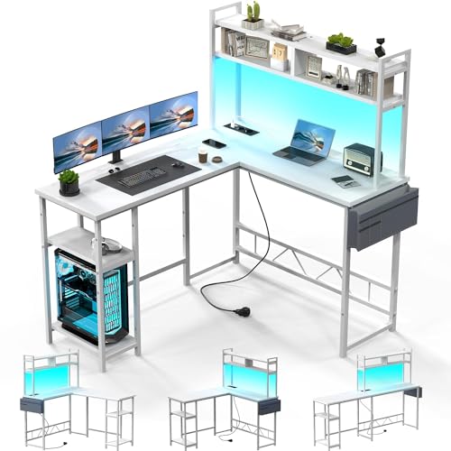 Devoko Gaming Tisch mit LED, Eckschreibtisch Gaming Schreibtisch mit 2 Steckdosen und 2 USB-Anschlüssen, Computertisch mit Aufbewahrung, Rahmen aus Stahl, 140 x 120 cm,Weiß von Devoko