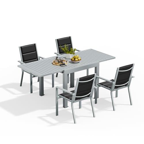 Devoko Gartenmöbel Set 4 Personen,4+1 Aluminium Tisch und Stühle Set Balkonmöbel, 4 Stapelbare Gartenstühle und 1 80/160 cm Dehnbarer Gartentisch,Terassen möbelsets außen Lounge, Hellgrau von Devoko