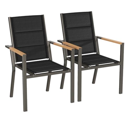 Devoko Gartenstuhl Set 2, Stapelbare Aluminium Esszimmerstühle, Maximale Belastung 160kg, Balkonstühle, Für Garten, Pool, Terrasse, Esszimmer, Gartenmöbel, Braun & Holz von Devoko
