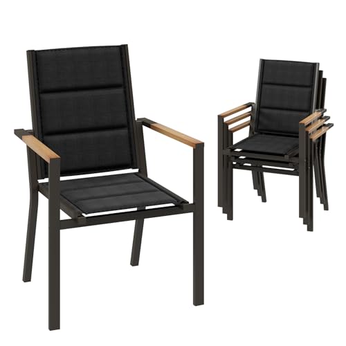 Devoko Gartenstuhl Set 4, Stapelbare Aluminium Esszimmerstühle, Maximale Belastung 160kg, Balkonstühle, Für Garten, Pool, Terrasse, Esszimmer, Gartenmöbel, Braun & Holz von Devoko