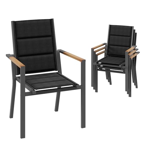 Devoko Gartenstuhl Set 4, Stapelbare Aluminium Esszimmerstühle, Maximale Belastung 160kg, Balkonstühle, Für Garten, Pool, Terrasse, Esszimmer, Gartenmöbel, Dunkelgrau & Holz von Devoko