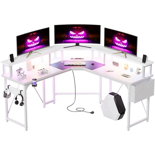 Devoko 153x153 cm Gaming Schreibtisch mit LED, groß Gaming Tisch L Form mit 2 Steckdosen und 2 USB Ladeanschluss, Eckschreibtisch PC Tisch mit großzügiger Monitorablage, Weiß von Devoko