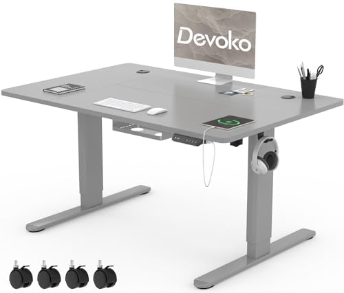 Devoko Höhenverstellbar Schreibtisch 120x80cm mit USB-C&A Ladeanschluss, Mobiler Elektrisch Computertisch mit Kabel Management Tray und 3-Funktions-Memory, Grau mit Rollen von Devoko