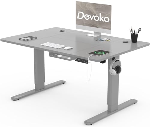 Devoko Höhenverstellbarer Schreibtisch 120x80cm mit Typ-C Ladeanschluss, Schreibtisch Höhenverstellbar Elektrisch, Mobiler Elektrisch Computertisch mit Kabel Management Tray, Grau von Devoko