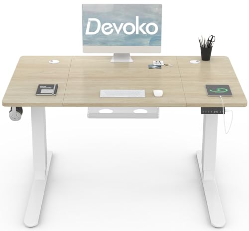 Devoko Höhenverstellbar Schreibtisch 120x80cm mit USB Ladeanschluss, 3 Memory-Steuerung and Anti-Kollisions Technologie, Elektrisch Computertisch Stehpult Tisch mit Rollen(Eiche) von Devoko