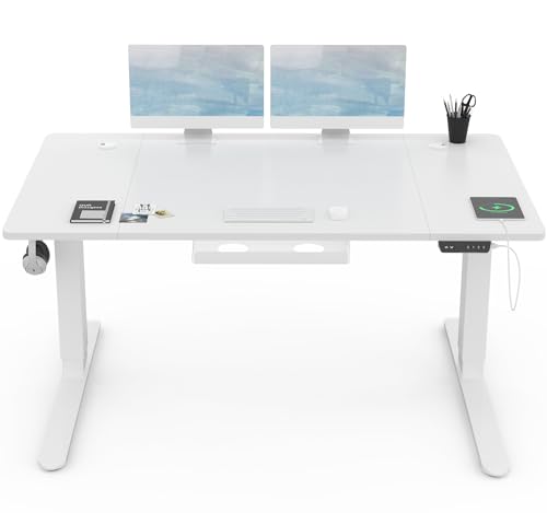 Devoko Höhenverstellbar Schreibtisch 140x80cm mit USB Ladeanschluss, 3 Memory-Steuerung and Anti-Kollisions Technologie, Elektrisch Computertisch Stehpult Tisch mit Rollen(Weiß) von Devoko
