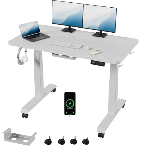 Devoko Höhenverstellbarer Schreibtisch 120 x 60 x(60-125)cm mit USB A&C Ladeanschluss,4 Memory mit LED-Anzeige Mobiler Computertisch mit Sitz-/Steh-Erinnerung,Kabel Management Tray,mit 360°Rollen,Weiß von Devoko