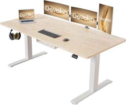 Devoko Höhenverstellbarer Schreibtisch 140 x 70 cm mit Kabelwanne, Elektrisch Höhenverstellbarer Stabiler Stehpult, Computertisch 2-Funktions-Memory, Ergonomischer Steh-Sitz Tisch (Ahorn) von Devoko