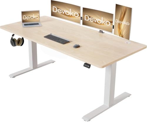 Devoko Höhenverstellbarer Schreibtisch 140 x 60 cm mit Kabelwanne, Elektrisch Höhenverstellbarer Stabiler Stehpult, Computertisch 2-Funktions-Memory, Ergonomischer Steh-Sitz Tisch (Ahorn) von Devoko