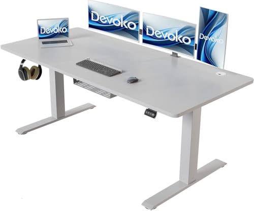 Devoko Höhenverstellbarer Schreibtisch 140 x 70 cm mit Kabelwanne, Elektrisch Höhenverstellbarer Stabiler Stehpult, Computertisch 2-Funktions-Memory, Ergonomischer Steh-Sitz Tisch (Grau) von Devoko