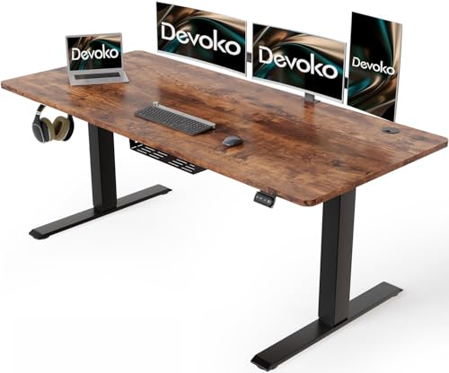 Devoko Höhenverstellbarer Schreibtisch 140 x 70 cm mit Kabelwanne, Elektrisch Höhenverstellbarer Stabiler Stehpult, Computertisch 2-Funktions-Memory, Ergonomischer Steh-Sitz Tisch (Vintage-Braun) von Devoko