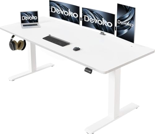 Devoko Höhenverstellbarer Schreibtisch 160 x 70 cm, Elektrisch Höhenverstellbarer Stabiler Stehpult, Computertisch 2-Funktions-Memory, Höhenverstellbar Ergonomischer Steh-Sitz Tisch (Weiß) von Devoko