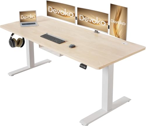 Devoko Höhenverstellbarer Schreibtisch 160 x 70 cm mit Kabelwanne, Elektrisch Höhenverstellbarer Stabiler Stehpult, Computertisch 2-Funktions-Memory, Ergonomischer Steh-Sitz Tisch (Ahorn) von Devoko