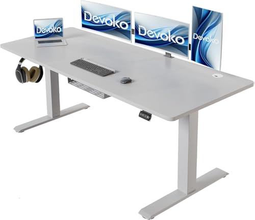 Devoko Höhenverstellbarer Schreibtisch 160 x 70 cm mit Kabelwanne, Elektrisch Höhenverstellbarer Stabiler Stehpult, Computertisch 2-Funktions-Memory, Ergonomischer Steh-Sitz Tisch (Grau) von Devoko