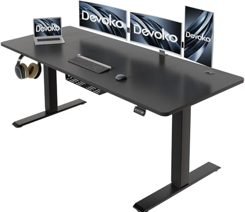 Devoko Höhenverstellbarer Schreibtisch 160 x 70 cm mit Kabelwanne, Elektrisch Höhenverstellbarer Stabiler Stehpult, Computertisch 2-Funktions-Memory, Ergonomischer Steh-Sitz Tisch (Schwarz) von Devoko