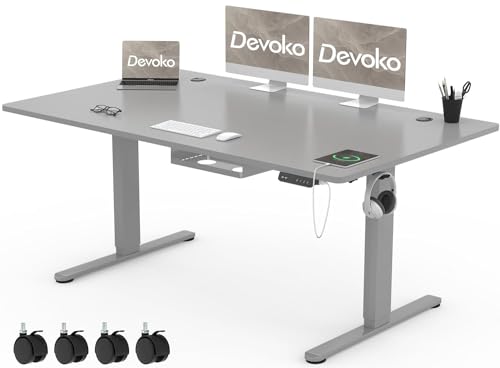 Devoko Schreibtisch Höhenverstellbar Elektrisch 160x80cm mit USB A&C-Ladeanschluss, Mobiler Computertisch mit Kabel Management Tray und 3-Funktions-Memory, Grau mit Rollen von Devoko