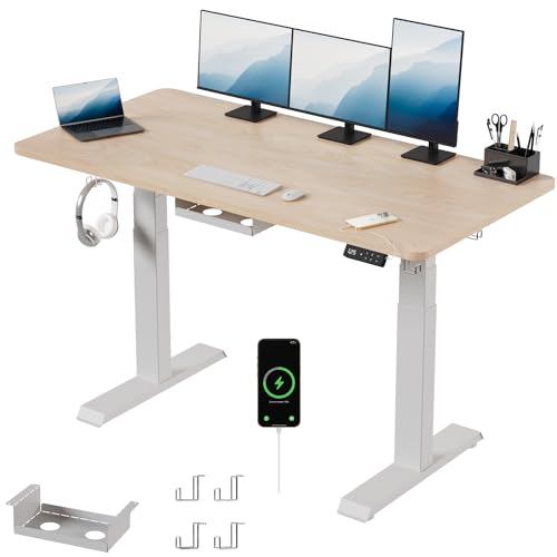 Devoko Höhenverstellbarer Schreibtisch 160x80cm mit USB A&C Ladeanschluss,4 Memory mit LED-Anzeige Mobiler Computertisch mit Sitz-/Steh-Erinnerung,Kabel Management Tray,mit 360°Rollen,Beige von Devoko