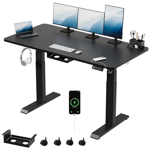 Devoko Höhenverstellbarer Schreibtisch 160x80cm mit USB A&C Ladeanschluss,4 Memory mit LED-Anzeige Mobiler Computertisch mit Sitz-/Steh-Erinnerung,Kabel Management Tray,mit 360°Rollen,Schwarz von Devoko