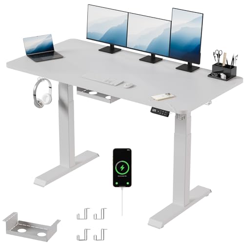 Devoko Höhenverstellbarer Schreibtisch 160 x 80 x(60-125)cm mit USB A&C Ladeanschluss,4 Memory mit LED-Anzeige Mobiler Computertisch mit Sitz-/Steh-Erinnerung,Kabel Management Tray,mit 360°Rollen,Weiß von Devoko