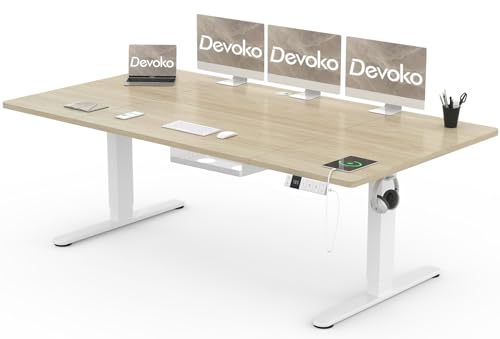 Devoko Höhenverstellbarer Schreibtisch 200x80cm mit Typ-C Ladeanschluss, Schreibtisch Höhenverstellbar Elektrisch, Mobiler Elektrisch Computertisch mit Kabel Management Tray, Eiche von Devoko
