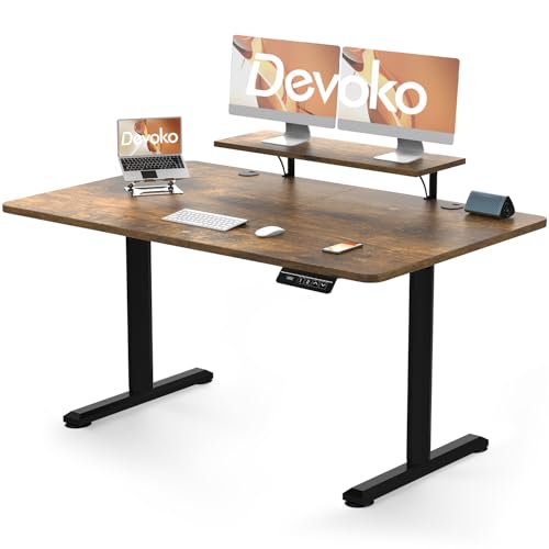 Devoko Höhenverstellbarer Schreibtisch Elektrisch 140×60cm Con Soporte para Monitor, Schreibtisch Höhenverstellbar Elektrisch mit 2 Höhen Memory-Steuerung, Ergonomisches Sitz-Stehpult (Vintagebraun) von Devoko