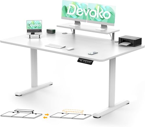Devoko Höhenverstellbarer Schreibtisch Elektrisch 140×60cm mit Monitorständer, Schreibtisch Höhenverstellbar Elektrisch mit 2 Höhen Memory-Steuerung, Ergonomisches Sitz-Stehpult (Weiß) von Devoko