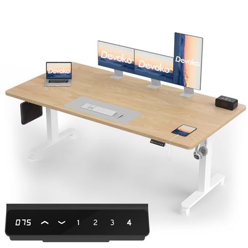 Devoko Höhenverstellbarer Schreibtisch mit 2 Motoren，25mm Einteilige Tischplatte, 200x80 cm Mobiler Elektrisch Computertisch mit Kabel Management, Eiche - Perfekte Ergonomie für Dein Büro von Devoko