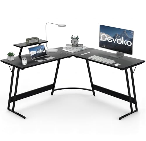 Devoko L-förmiger Bürotisch, Computertisch, 130 x 130 x 75 cm, Eck-Gaming-Schreibtisch mit Monitorständer, beweglicher L-Schreibtisch mit Metallrahmen, für Zuhause, Büro, kleiner Raum, Mattschwarz von Devoko