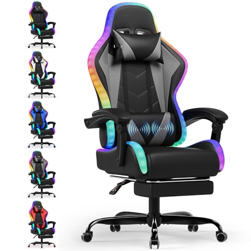 Devoko LED Gaming Stuhl, Cool und Augenschonendes. Ergonomischer Bürostuhl mit Massagefunktion, Teleskop-Fußstütze, Verstellbarem Rückenlehnen von 90-135°,Gamer Stuhl 150 kg belastbarkeit, Grau von Devoko