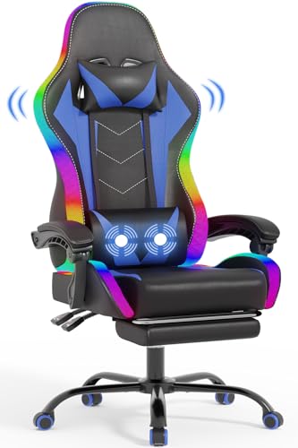 Devoko LED Gaming Stuhl – Ergonomischer Bürostuhl mit Massagefunktion & Teleskop-Fußstütze, Verstellbare Rückenlehne (90-135°), für Gamer bis 150 kg, Augenschonendes Design, Blau von Devoko