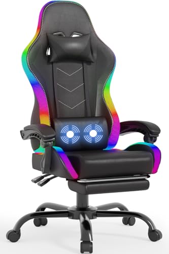 Devoko LED Gaming Stuhl – Ergonomischer Bürostuhl mit Massagefunktion & Teleskop-Fußstütze, Verstellbare Rückenlehne (90-135°), für Gamer bis 150 kg, Augenschonendes Design, Schwarz von Devoko