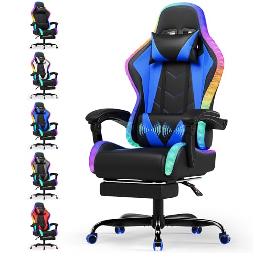 Devoko Gaming Stuhl mit led, Cool Racing Gamer Stuhl, Ergonomischer Bürostuhl mit Massagefunktion, mit Teleskop Fußstütze, Verstellbare Rückenlehne 90-135°, Gamingstuhl 150 kg belastbarkeit, Blau von Devoko