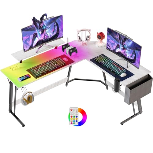 Devoko Gaming Eckschreibtisch 160×130cm, Schreibtisch L Form mit LED RGB-Beleuchtung, Monitorständer, Kabelaufbewahrungsbox und Getränkehalter & Kopfhörerhaken, Gaming Tisch L Shaped Desk Carbon Weiß von Devoko